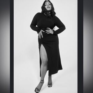 Zara Fitted Maxi Dress Mock Neck Asymmetrical Ruching Long Sleeve Medium